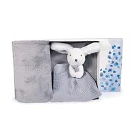 Doudou et Compagnie - Plaid Bébé Tout Doux avec son Doudou Lapin - Couverture Polaire - Collection Happy Glossy - Gris - 100 x 70 cm - Coffret Cadeau de Naissance Bébé - HAPPY DOUDOU - DC3981