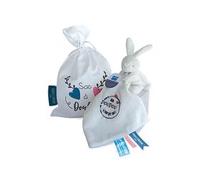 Doudou et Compagnie - Sac à Doudou Lapin UNICEF - 10 Cm Blanc - Idée Cadeau de Naissance Fille et Garçon - Garantie Doudou Perdu - DC3715