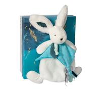 Doudou et Compagnie – Doudou lapin plat 25 cm Collection Happy Pop blanc/bleu pompon paon DC3745