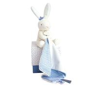 DOUDOU ET COMPAGNIE - Petite Peluche Lapin avec Doudou mouchoir -10 cm - Bleu et Blanc - Collection Perlidoudou - Idée Cadeau Naissance - Avec Boite Cadeau - Garantie Doudou Perdu - DC3514