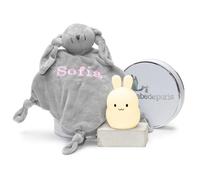 Doudou personnalisé et lampe veilleuse Cadeaux pour nouveau-né | Fait main en Espagne | Coffret cadeau de luxe (Doudou + Lamparite) | BebeDeParis