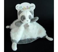 . DOUDOU PLAT BABY NAT MON P'TIT PANDA OURS BLANC GRIS NEZ COEUR 100 % NEUF