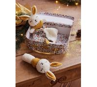 Doudou plat lapin personnalisable + hochet en mallette retro flower TU