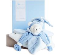 Doudou Plat Ours Collector-Bleu-24 Cm-3 Couleurs Au Choix-Ourson Avec Bonnet De Nuit-Avec Boite Pour Cadeau Naissance Fille-Garantie Doudou Perdu-Dc2921