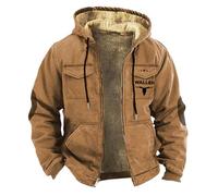 Doudoune à capuche pour homme - Veste polaire épaisse à carreaux avec capuche - Veste de travail d'hiver en velours épais double poche cowboy occidental imprimé 3D marron chaud en coton