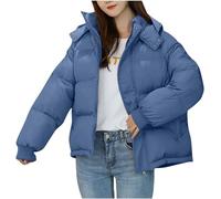 Doudoune à Capuche zippée d'hiver pour Femme Doudoune Courte Oversize à Manches Longues à la Mode à Capuche avec Poches Veste décontractée Chaude (Bleu,XL)