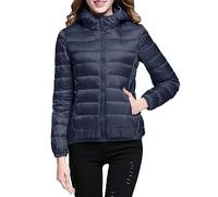 Doudoune chaude et légère femme - Manteau d'hiver coupe-vent à capuche avec isolation recyclée - Manteau imperméable fin et court pliable - Avec sac de rangement - Plume matelassé ultralight