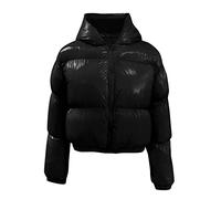 Doudoune Chauffante Femme - Dames Automne Et Hiver Chaud Court Brillant Veste en Cuir À Capuche Rembourrée Pochette