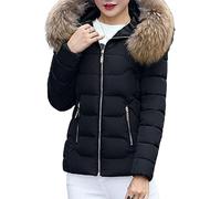 Doudoune Courte à Capuche en Fourrure pour Femmes Manteaux De Duvet Chauds d'hiver à Manches Longues Manteau Rembourré Isolé Slim Fit Fashion (Le Noir,XXL)