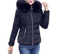 Doudoune Courte à Capuche en Fourrure pour Femmes Manteaux De Duvet Chauds d'hiver à Manches Longues Manteau Rembourré Isolé Slim Fit Fashion (Bleu Marine,XXL)