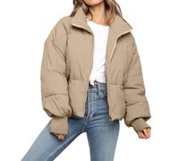 Doudoune courte d'hiver pour femme - Matelassée - Manches longues - Fermeture éclair, kaki, XX-Large