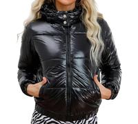 Doudoune d'hiver à Capuche Brillante à Manches Longues et Fermeture éclair pour Femme Courte et Ample avec Poches Veste d'hiver Chaude rembourrée à Capuche (Noir,M)
