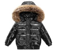 Doudoune d'hiver rembourrée à capuche en fausse fourrure pour enfants avec boutons pression - Doudoune épaisse isolée avec poches - Parka coupe-vent unie pour randonnée, Noir , 11-12 ans