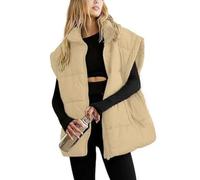 Doudoune d'hiver surdimensionnée matelassée légère à col montant sans manches avec poches pour femme, kaki clair, L