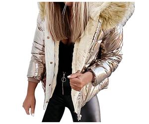 Doudoune Femme Blanche Manteau de couleur unie pour femmes veste fermeture éclair visage manteau col en laine épaissi manteau chaud en peluche à capuche Doudoune Noire Femme Printemps (Gold, XL)