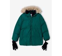 Doudoune garçon à capuche doublée polaire avec moufles ou gants vert sapin 4A