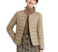 Doudoune légère à col rond pour femme, doublure intérieure chaude, manteau court et fin, sans col, veste matelassée légère, kaki, M