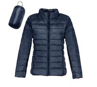 Doudoune Légère Femme D'hiver Chaude avec Capuche Plume Cintree Veste en Duvet Courte Couleur Unie Matelassé Jacket Pliable Fine Veste de d'Extérieur Rembourrée et Doublée pour Montagne (03 Navy, L)