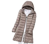 Doudoune Légère Longue Femme Capuche Fine Hiver Puffer Jacket Blouson Matelassé Grande Taille Parka Duvet Plume Chaude Oversize Imperméable Kaki M