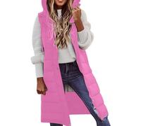 Doudoune longue avec capuche pour femme - Sans manches - Gilet d'hiver léger et chaud - Avec fermeture éclair - Veste softshell - Veste longue d'hiver - Manteau en duvet à capuche, rose, XL