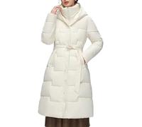Doudoune longue matelassée pour femme, légère, à capuche, doublure en duvet synthétique, avec ceinture, blanche, taille L