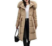 Doudoune matelassée à capuche en fausse fourrure avec fermeture éclair longue et ceinture légère pour femme, kaki, XL