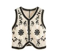 Doudoune Sans Manche,Fleur Femme Crochet Gilet Vintage Bleu Marine Col En V Creux Mandala Fleur Sans Manches Bouton Ouvert Sur Le Devant Court Gilet Châle Cardigan Tricot Boho Hippie Gilet Blouse S