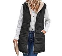 Doudoune sans manches réversible for femme, gilet long, veste polaire sans manches, manteau d'hiver, sweat à capuche zippé, poches, manteau chaud, vêtements d'hiver(Black,L)