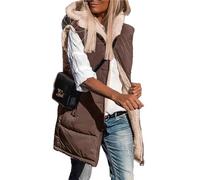 Doudoune sans manches réversible for femme, gilet long, veste polaire sans manches, manteau d'hiver, sweat à capuche zippé, poches, manteau chaud, vêtements d'hiver(Brown,XL)