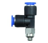 Douille en T » Mini Série bleue en forme de L rotative, M3, pour tuyau extérieur Ø 4 mm, pression de travail max. 10 bars, plastique/MS vern.