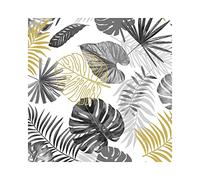 DOULITO Toile cirée au mètre - Largeur 140 cm - Motifs feuillages Gris, Blanc et Or métallisé - Blanc