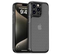 doupi Hybrid Coque Compatible avec iPhone 15 Pro (6,1 Pouces), Aspect en Fibre de Carbone, Prise en Charge de la Recharge sans Fil, Étui à Optique en Fibre de Carbone, Housse de Protection, Noir