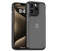 doupi Hybrid Coque Compatible avec iPhone 15 Pro Max (6,7 Pouces), Aspect en Fibre de Carbone, Prise en Charge de la Recharge sans Fil, Étui à Optique en Fibre de Carbone, Housse de Protection, Noir