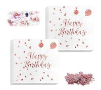 DOUSELLA 40 PCS Serviettes Joyeux Anniversaire Rose Gold avec Confettis de Table pour Fêtes Dîner - Serviette Papier HAPPY BIRTHDAY Blanc