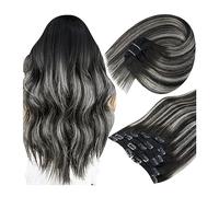 Doux 7pcs 120g Clip dans les Extensions de Cheveux Humains Noir Balayage Naturel Ombre Gris Blond Remy Long(22inches)