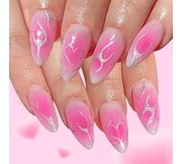 Doux Coeur Flamme Paillettes Ongles Artificiels 24 Pièces Rose Faux Avec Construction ABS Pour Les Femmes Coeur Flamme Paillettes Faux