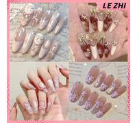 Doux doux doux belle à la main longue cercueil Ellipse français couverture complète ongles fleur nœud papillon étoile yeux de chat diamant perle presse sur les ongles 12