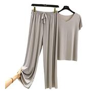 Doux et Confortable Ice Silk t - Shirt à Manches Courtes Lot de Deux Pantalons Larges Jambes, Ensemble Pyjama pour Femmes, t - Shirt Large Jambes Pantalons Larges Lot de Deux (Gray,M)