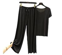 Doux et Confortable Ice Silk t - Shirt à Manches Courtes Lot de Deux Pantalons Larges Jambes, Ensemble Pyjama pour Femmes, t - Shirt Large Jambes Pantalons Larges Lot de Deux (Black,M)