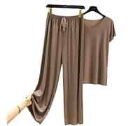 Doux et Confortable Ice Silk t - Shirt à Manches Courtes Lot de Deux Pantalons Larges Jambes, Ensemble Pyjama pour Femmes, t - Shirt Large Jambes Pantalons Larges Lot de Deux (Khaki,L)
