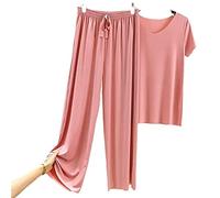 Doux et Confortable Ice Silk t - Shirt à Manches Courtes Lot de Deux Pantalons Larges Jambes, Ensemble Pyjama pour Femmes, t - Shirt Large Jambes Pantalons Larges Lot de Deux (Pink,4XL)