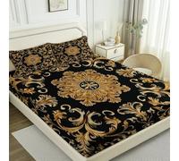 Doux Imprimé Drap Housse 180 x 240 cm, Antidérapants Respirant Microfibre Motif Baroque Abstrait thème Noir Or Drap-Housse avec Bord élastiqué pour Filles et garçon