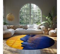 Doux Mince antidérapant Rond Tapis pour Le Salon Chambre à Coucher Abstrait Visage Silhouette Art Tapis pour la décoration intérieure Bleu et Jaune Lavable en Machine 200x200cm