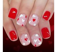 Doux rouge blanc coeur presse sur les ongles 24 pièces brillant | Avec Cœurs Rouges Et Blancs