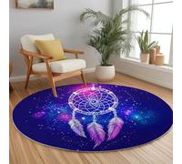 Doux Tapis Rond Fantaisie 150 cm, Imprimé Lignes Plumes Perles Lavable en Machine Antidérapant pour Salon Antidérapant Salle à Manger Chambre d’Enfant - Bleu Foncé