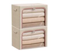 Douzi Lot de 2 boîtes de rangement pliables pour vêtements avec cadre en acier pour linge de lit, couvertures, kaki, 66 l