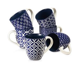 DOWAN - 6 x 560 ml Tasse à café en grès/Ensemble de tasses - Mug Motif Classique Oriental - Grandes Tasses à Thé, Café et Chocolat Chaud - Grand Cadeau pour les Amoureux - Bleu et Blanc