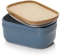 DOWAN Boîte à beurre en céramique Grand beurrier avec couvercle en bois, bleu aéré