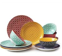DOWAN Ensemble d'assiettes et bols en céramique, ensemble de vaisselle 12 pièces pour cadeaux d'anniversaire, service de vaisselle coloré pour 4 personnes, assiettes à dessert en porcelaine et bols à