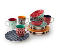 DOWAN Ensemble d'assiettes et bols en céramique, ensemble de vaisselle 16 pièces pour cadeaux d'anniversaire, service de vaisselle coloré pour 4 personnes, assiettes à dessert en porcelaine et bols à